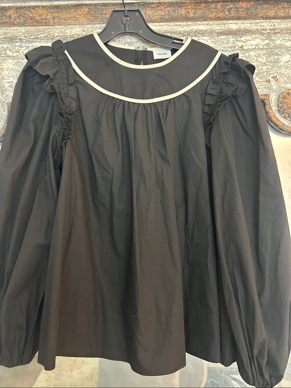 AUREUM Black Blouse with White Trim Ruffled Shoulders